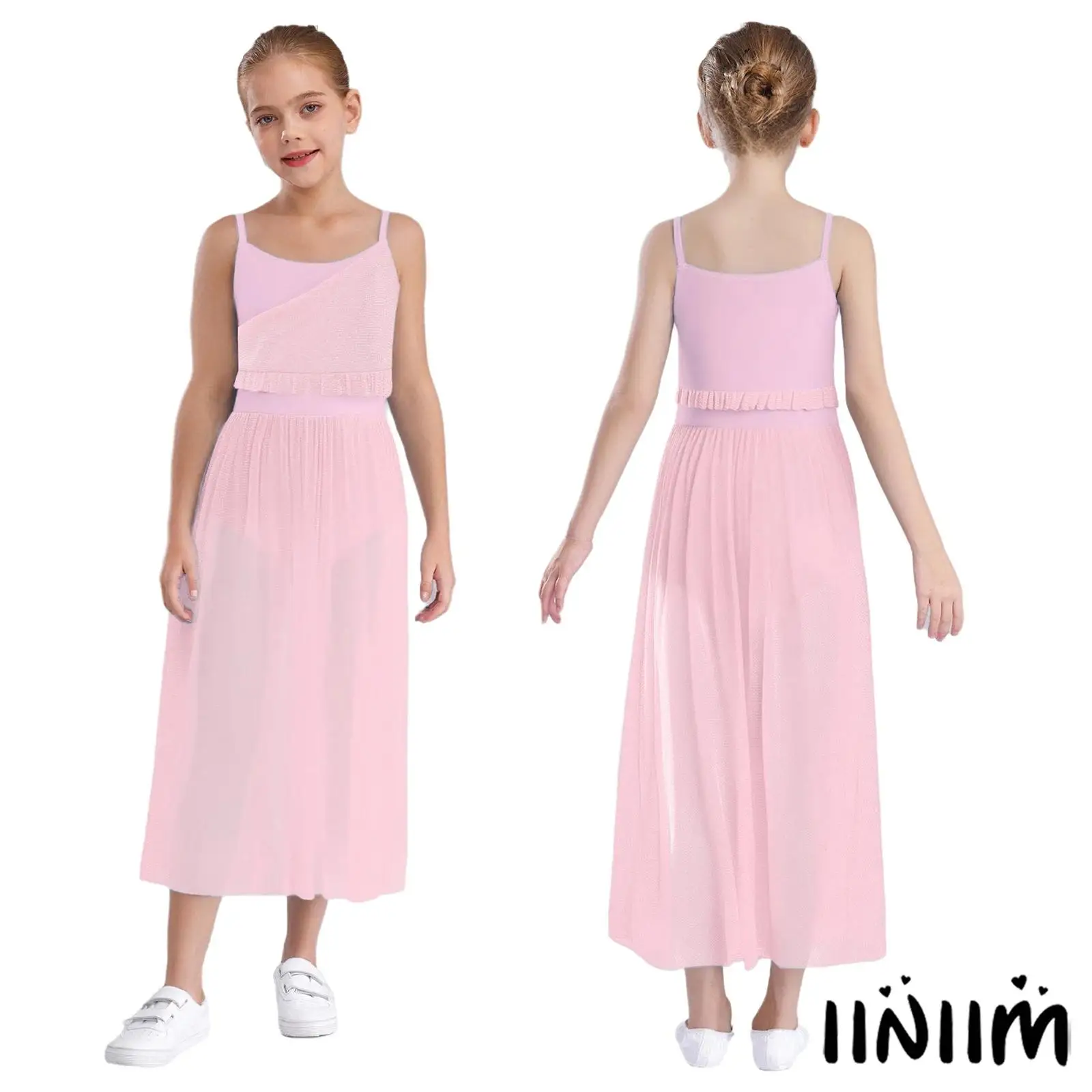 

Kids Girls Lyrical Dance Dress Sides Split Glittery Mesh Spaghetti Straps Ruffles Ankle Length Dresses Party Recitals Dancewear