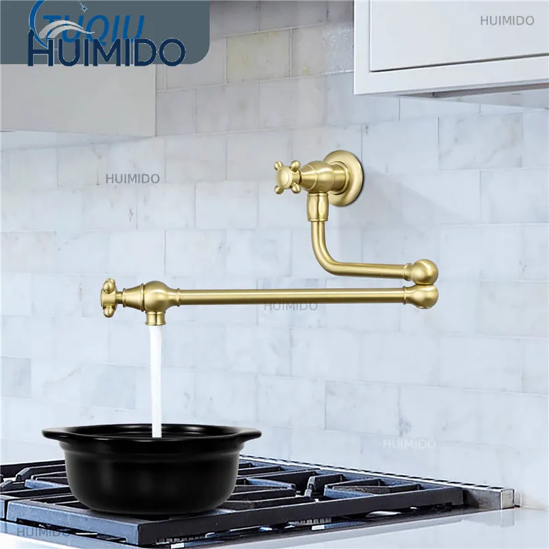 Brushed Gold Pot Filler Tap Wall Mounted Foldable Gray Kitchen Faucet Single Cold Sink Tap Rotate Folding Spout Gold Brass