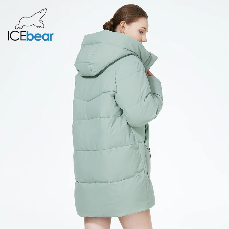 ICEbear acolchada-Chaqueta de algodón para mujer, abrigo informal de longitud media con capucha, a prueba de viento, ropa de marca, invierno,