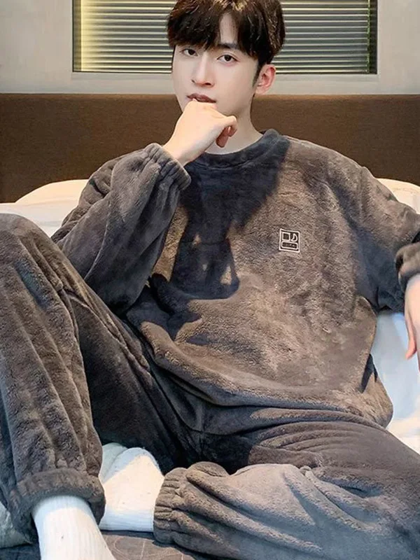 Men's Warm Coral Fleece Pajamas Winter Set Spring Autumn Winter Style Oversize Fleece Lined Home Clothes for Teens And Adults