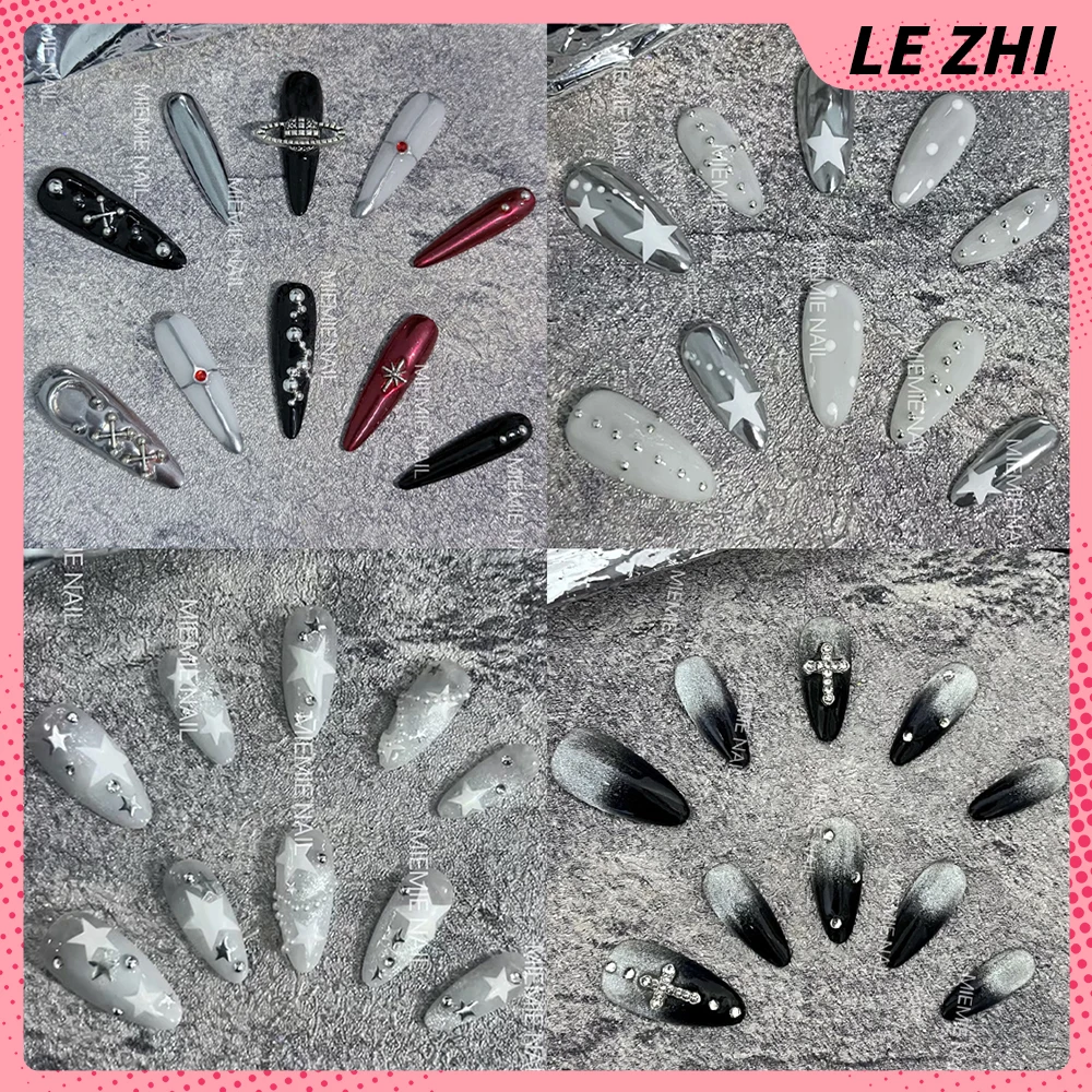 

Sweet Cool Long Almond Coffin Handmade Reusable Press On Nails Cat Eyes Diamond Stars Colorful Gradients Full Cover Nails