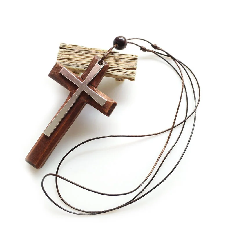 Big Wooden Cross Pendant Rope Choker Chain Necklace For Men Women Black Brown