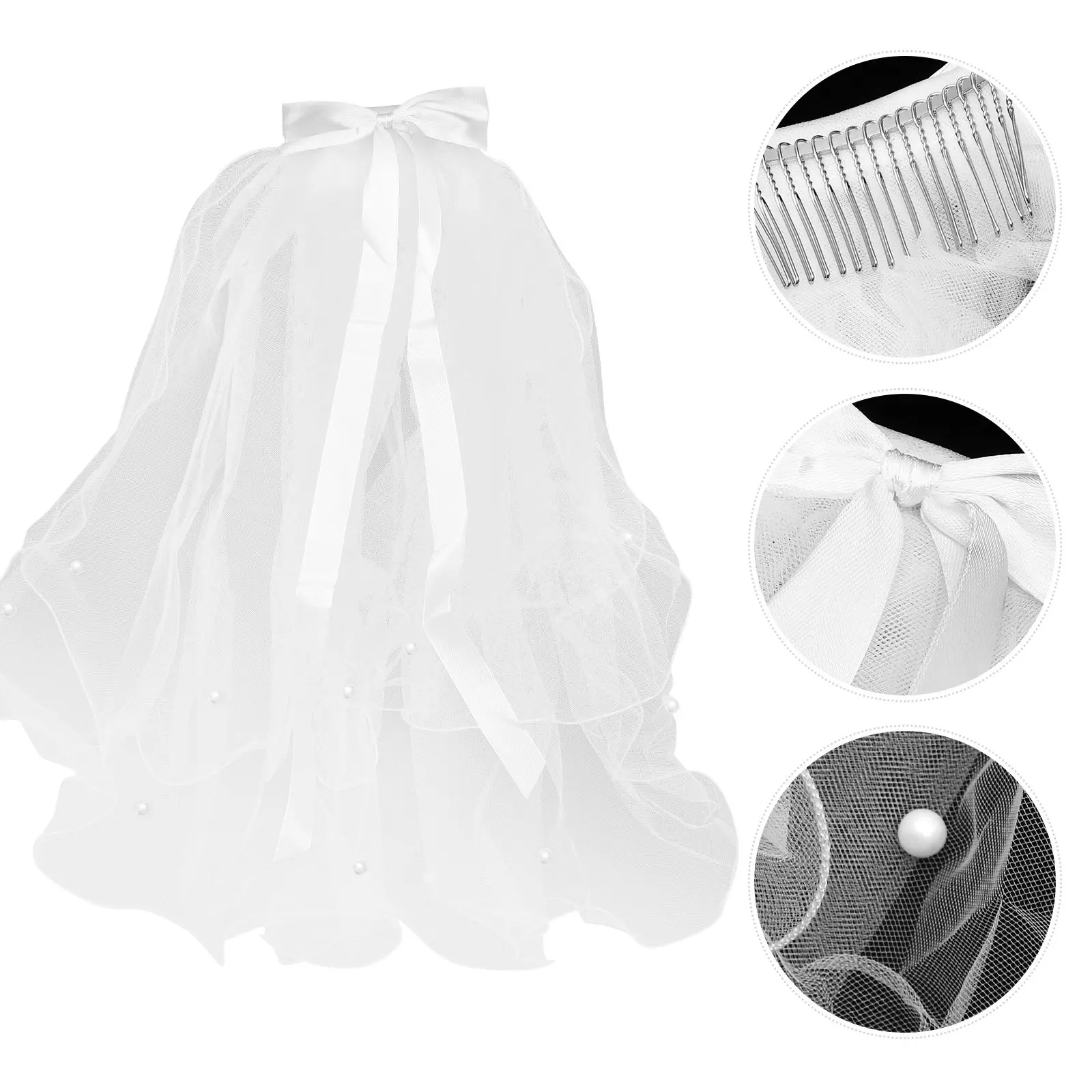 Dual-Layer Kids Wedding Veil Pearl Bowknot Soft Hair Accessory Perfect for Child Photo Taking Kids Wedding Veil