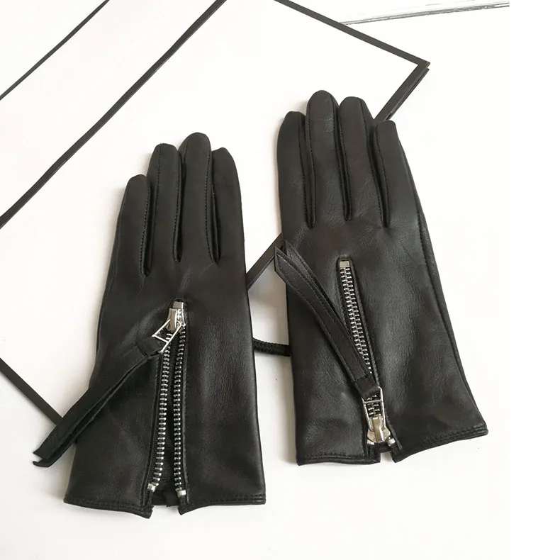 

Women's Spring Autumn Natural Sheepskin Leather Zipper Glove Female Fashion Genuine Leather Touchscreen Driving Glove R2132