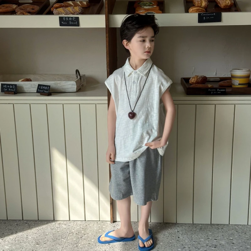 2026 Summer New Children's Bamboo Cotton Collar Soft Sticky Solid Color Tank Top and Grey Pants Two Piece Set