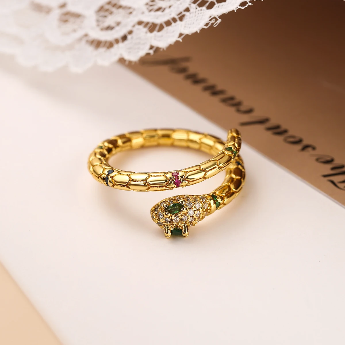 Hip-hop Women Open Rings,Vintage Snake Shape Finger Band with CZ Stone, Modern Lady Adjustable Party Jewelry