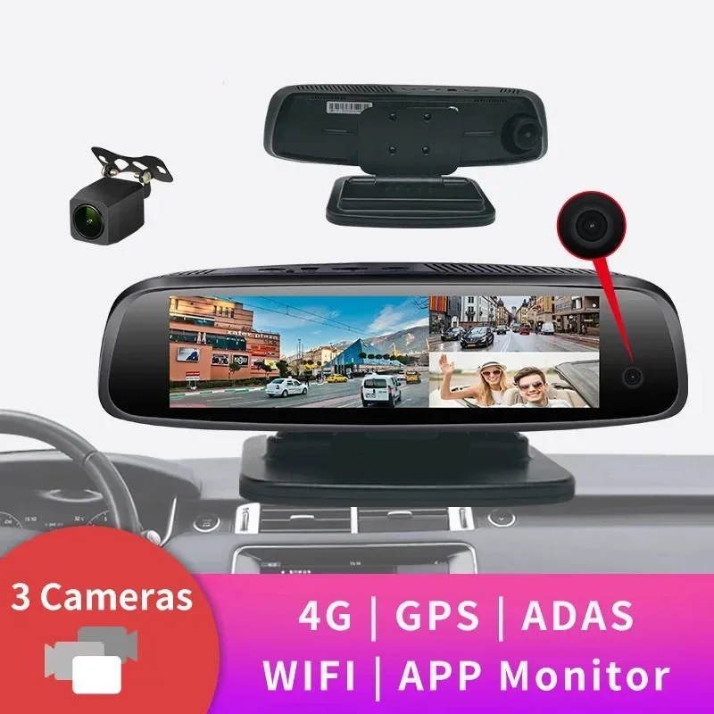 ใหม่สามกล้อง dashcam 8 นิ้วสตรีมมิ่งกระจกมองหลังภาพย้อนกลับ Android นําทาง dashcam