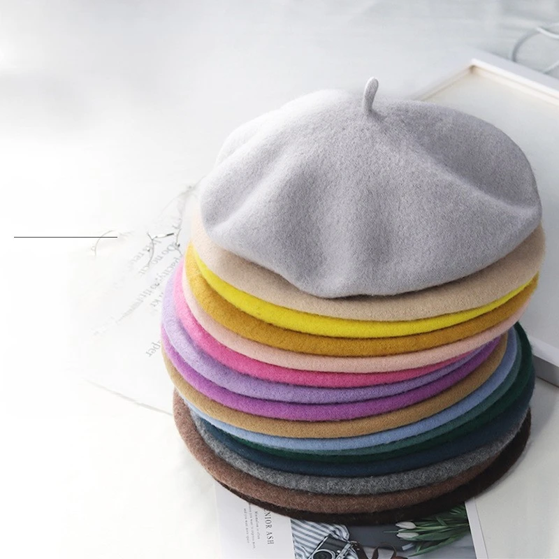

Autumn And Winter Wool Thickened Beret Solid Color Woolen French Beret Female Painter Hat Female Female Warm Walking Hat