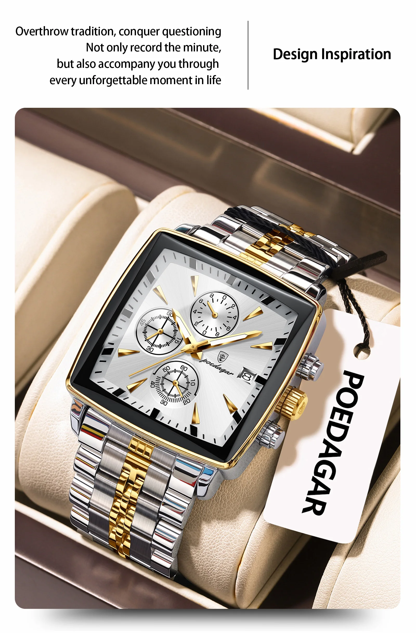 POEDAGAR Fashion Square Men Clock Luminous Waterproof Chronograph Date Men's Watches Stainless Steel Quartz Man Wristwatch Reloj