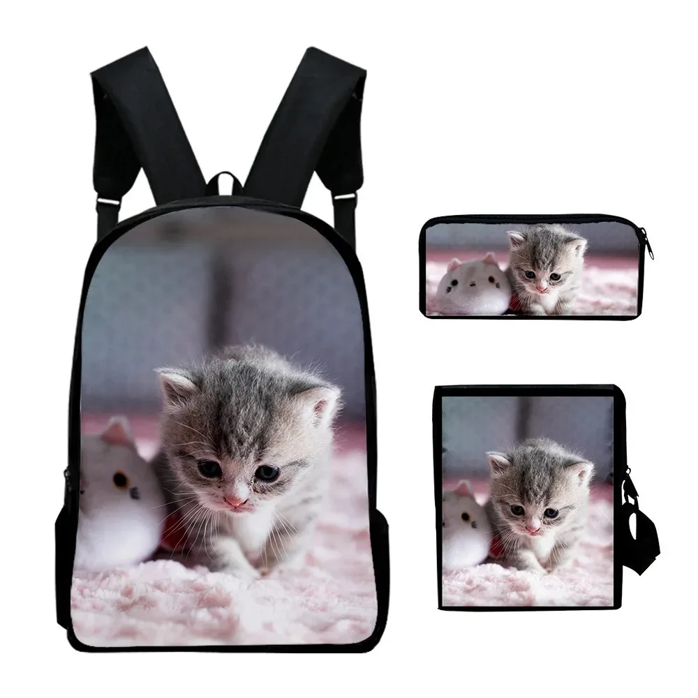 3D Cat Print School Bags, Harajuku, Aluno, Mochila Laptop, Mochila, Bolsa de Ombro Inclinada, Estojo Lápis, Popular, 3pcs por