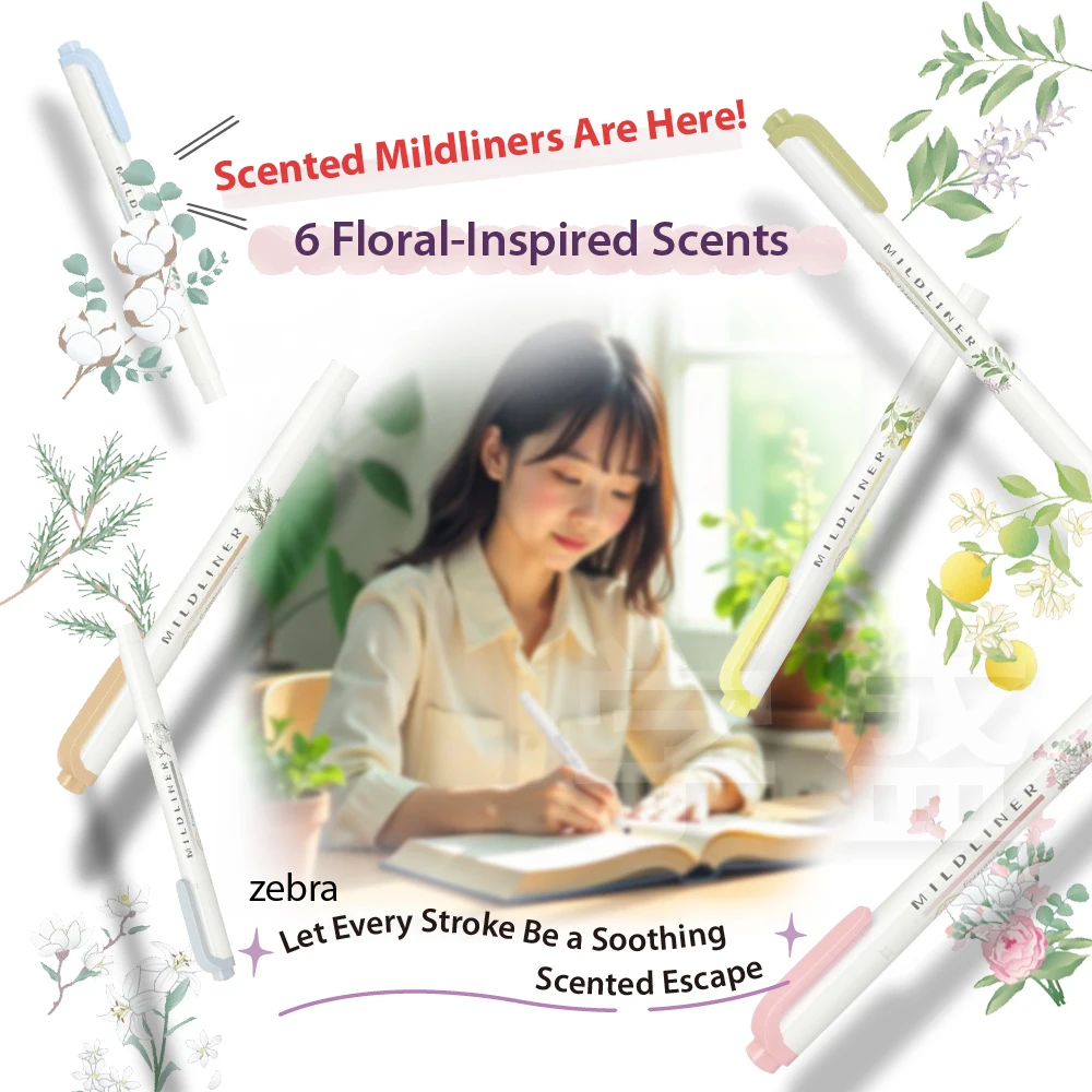 

ZEBRA Mildliner Scented Highlighter Set 6 Floral Fragrances Double-Sided Pastel Markers for ournaling & Notes