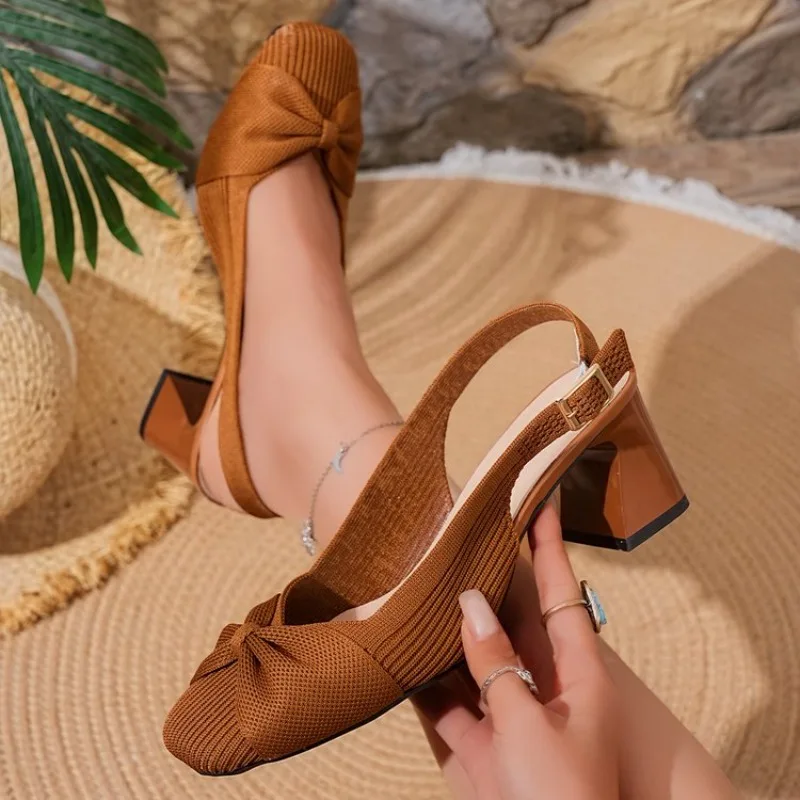 2026 Neue Sommerkollektion: Damen-Sandalen mit Strickriemen und Blockabsatz, Eckige Spitze mit Schleife, Bequeme Damenschuhe für den Alltag