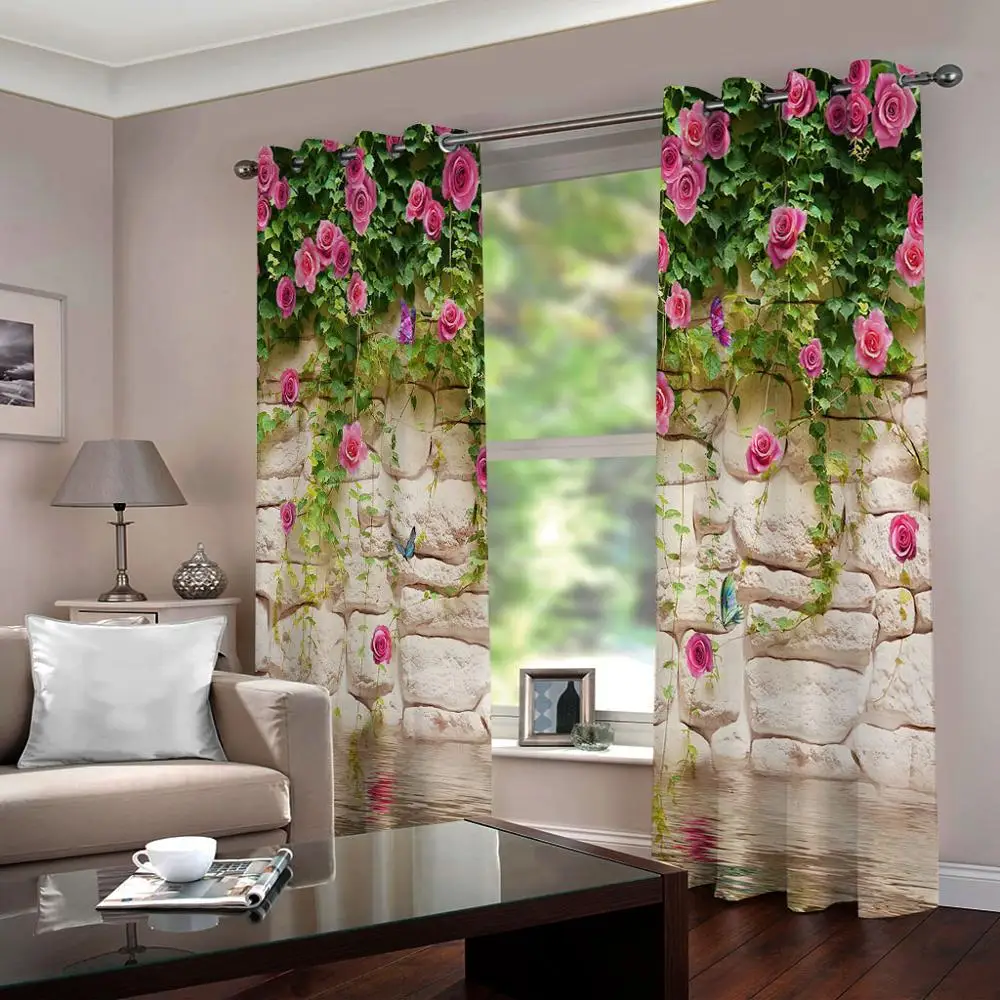 custom curtains Retro stone wall water shadow flowers Curtain Luxury 3D Window Curtain For Living Room