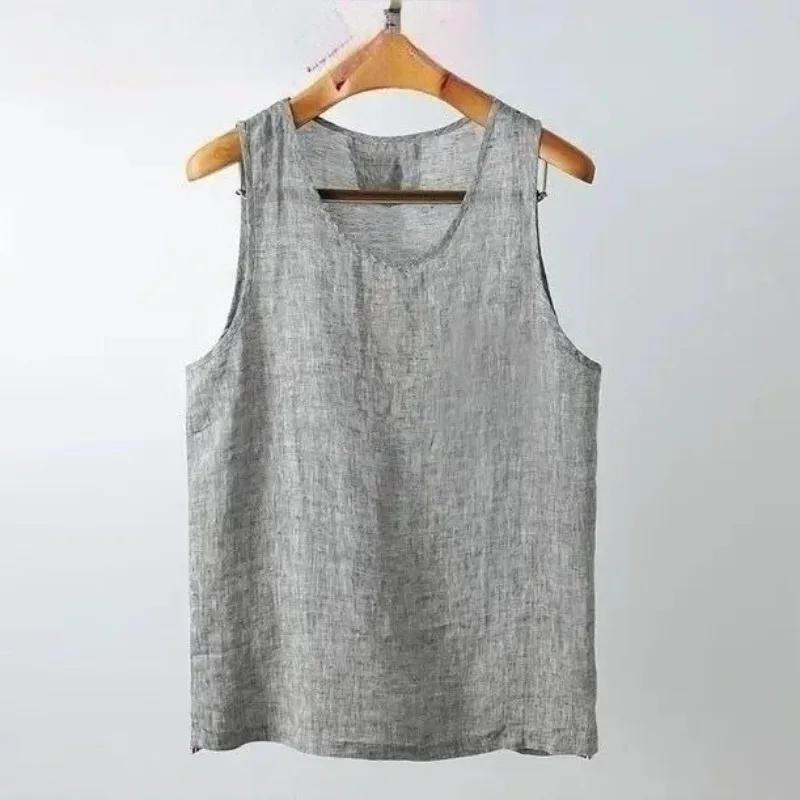 Men Cotton Linen Solid Tees Loose Lightweight Sleeveless Breathable Sweat-absorbent Vest Casual Outdoor Fitness Beach Tank Tops