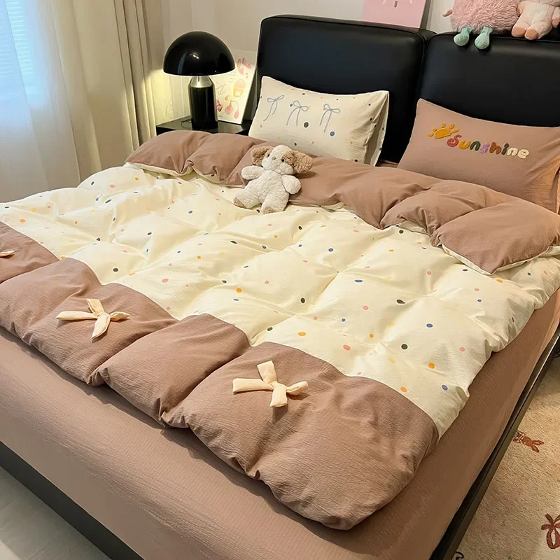 Korean Printed Bow Bedding Set Princess Style Cotton Soft Bed Linens for Queen Four Seasons Universal Embroidery Bedroom Decor