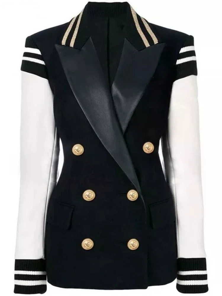 Designer Blazer Jacket Women\'s Leather Patchwork Double Breasted Blazer Black White Patchwork Notched Crop Tops Clothes