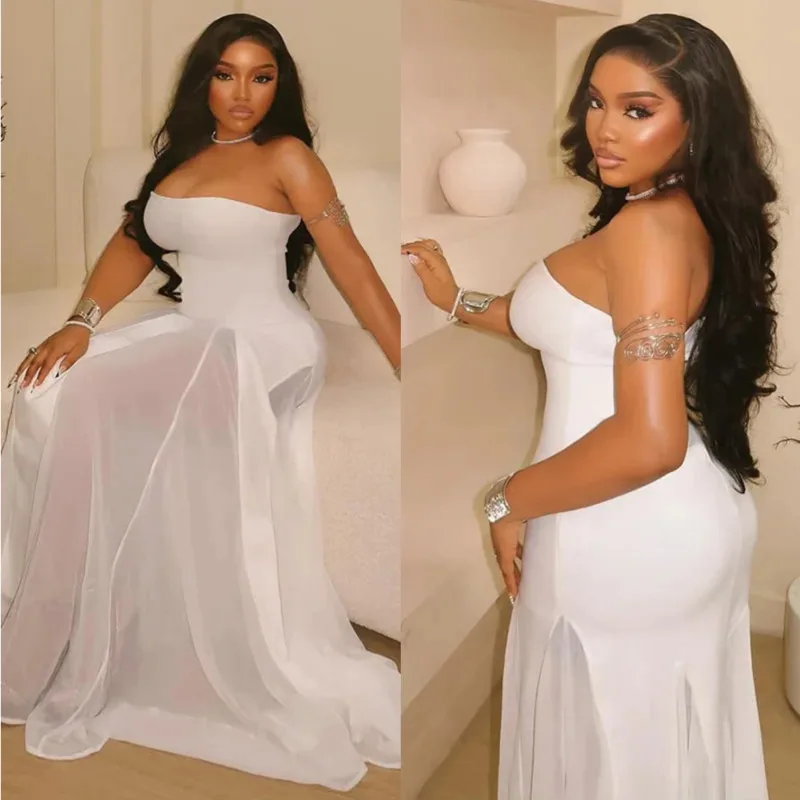 

2025 Strapless White Maxi Dress For Women Elegant Mesh Patchwork Sleeveless Party Gown Sexy Backless Formal Birthday Outfit New