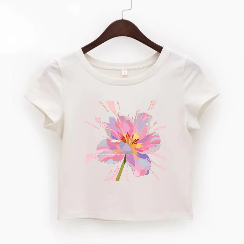 Viral Hand - drawn Floral Crop Top | Monet Garden Art Tee, Minimalist White Summer Staple, TikTok/Instagram Trend