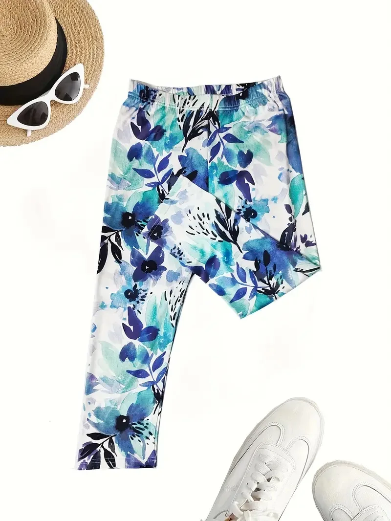 Floral print stretch slim elastic waist tight casual leggings capri pants for women