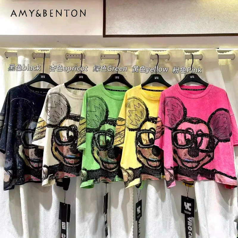 

Trendy Brand Personalized Cartoon Sequin Print Short-sleeves T-shirts New Summer Loose High Street Fashion Top Tshirts For Women