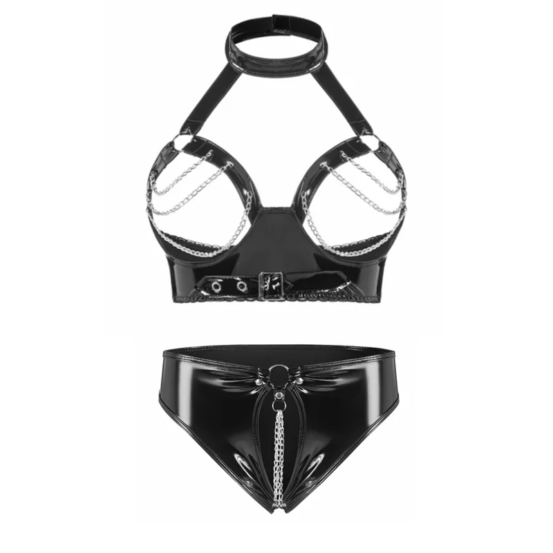 

Women Sexy Black Red PVC Leather Breast Bra Open Cup Bra Open Crotch Briefs Glossy Leather Tops with Chain Lingerie Set
