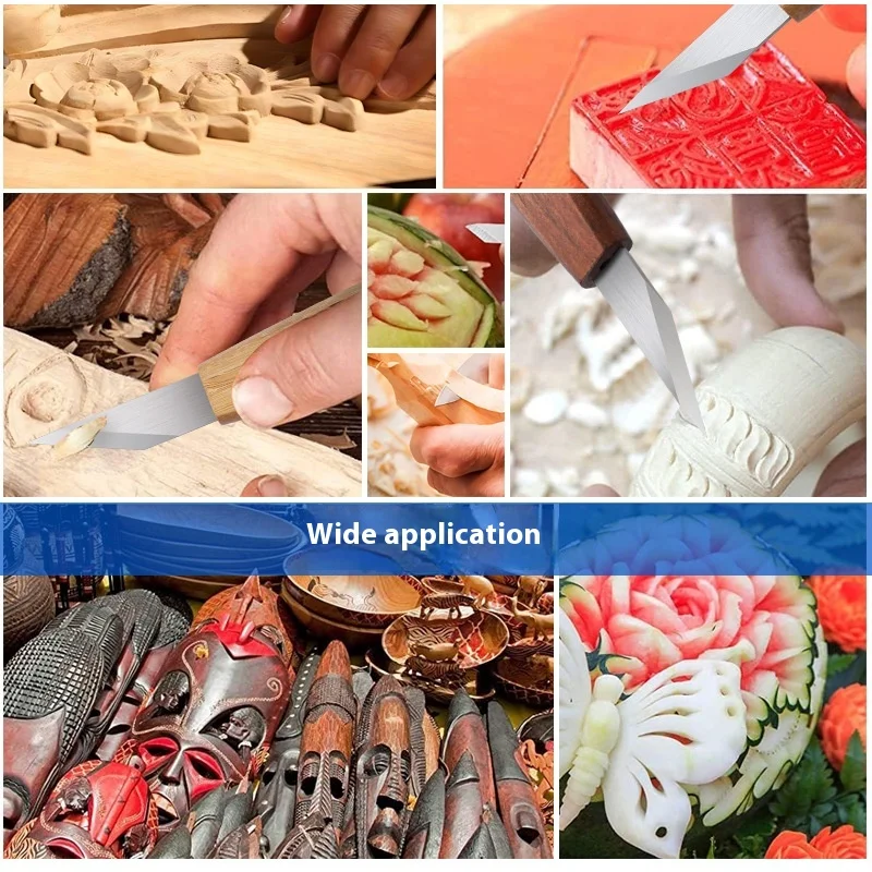 Faca de escultura de precisão artesanal, lâmina crv, ponto afiado, cabo de madeira de nogueira, cabo de bambu, ferramenta de escultura em madeira