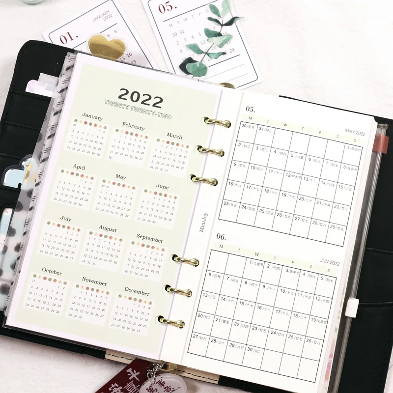 Domikee New colored 2021 calendar yearly planner  6 holes refilling inner sheets for binder planner notebooks stationery A5A6