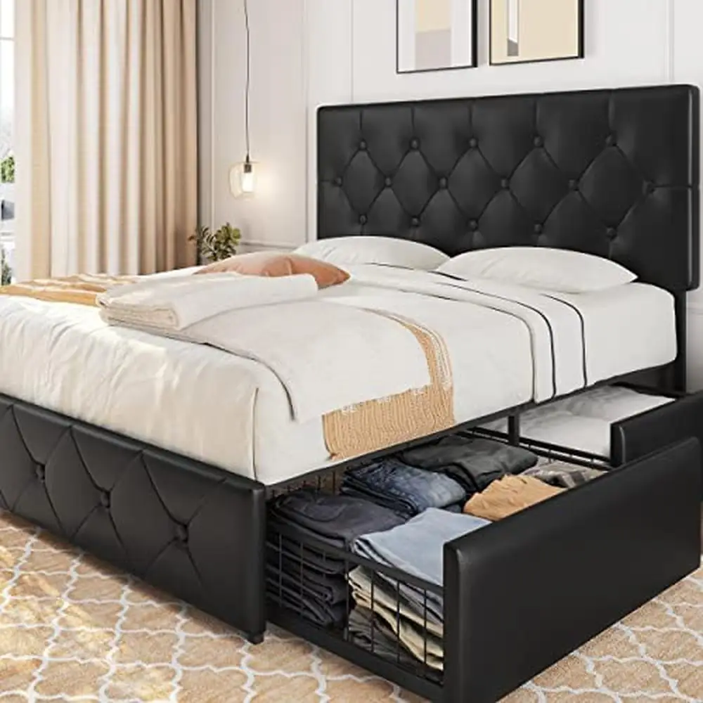 Queen Size Upholstered Storage Bed Frame Adjustable Headboard Faux Leather Platform Mattress Foundation Easy Clean Squeak