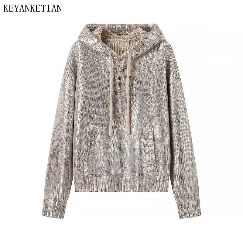 KEYANKETIAN Winter New Women\'s Metallic texture Hat Neck Sweater Pullover Unisex style Pockets Loose Padded Knit Hoodies Top