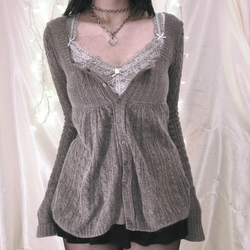 Women Y2K Cable Knit Sweater Long Sleeve Jumper Tops Spring Autumn Retro Mall Goth Emo 00s Vintage Tees Cardigan Knitwear