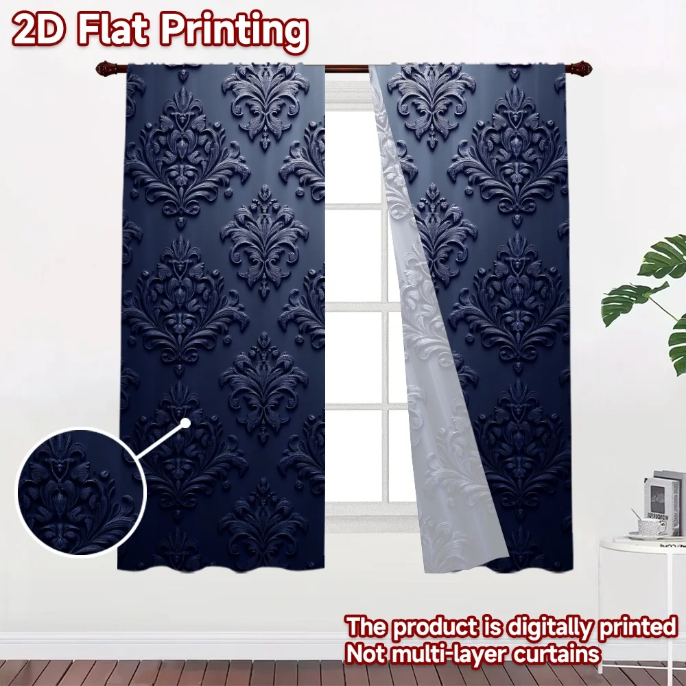 2D flat 2pcs Curtain Home Short Curtains Midnight Blue Damask Durable polyester fiber Festive Curtains Perfect for Room bedroom