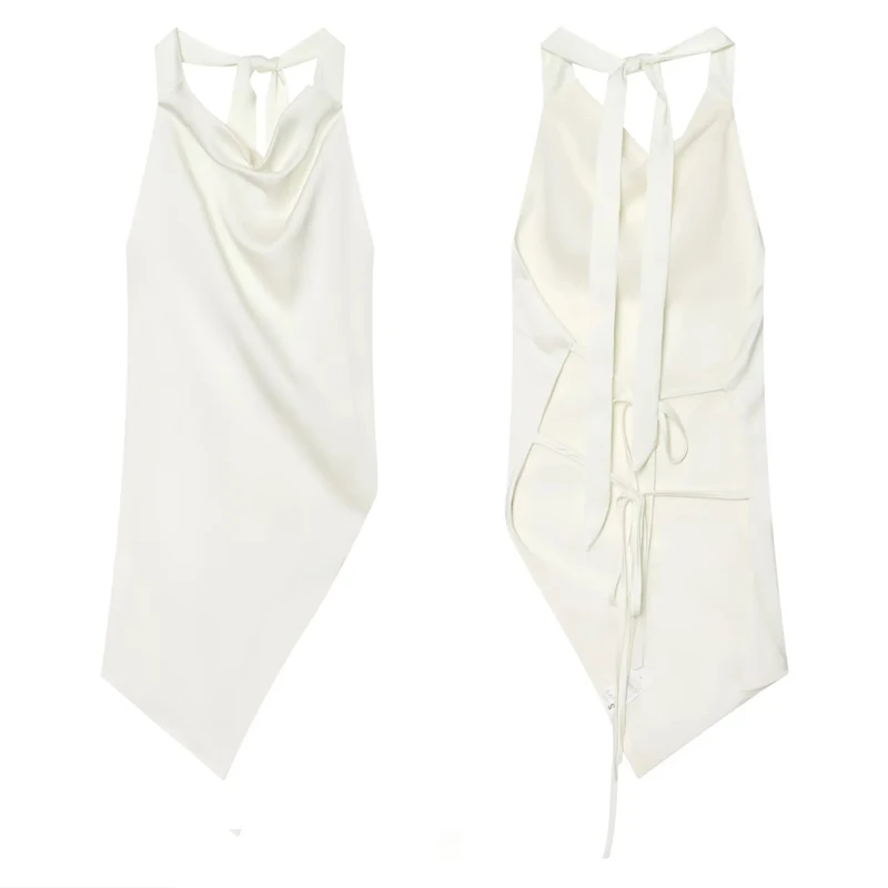 HXAO Satin-Neckholder-Top für Damen, weiß, asymmetrisch, ärmellos, mit offenem Rücken, für den Sommer, schwarz, elegant, rückenfrei, mit Bändern, Tank-Tops – Detail 3