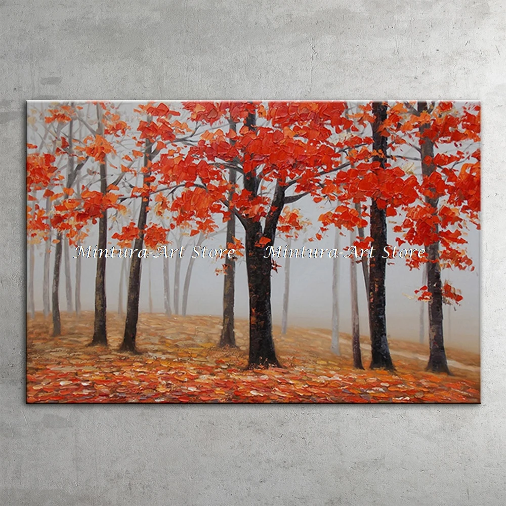 Hand Painted Thick Knife Red Maple Trees Oil Painting On Canvas,Modern Abstract Landscape Red Forest Wall Art,Picture Home Decor