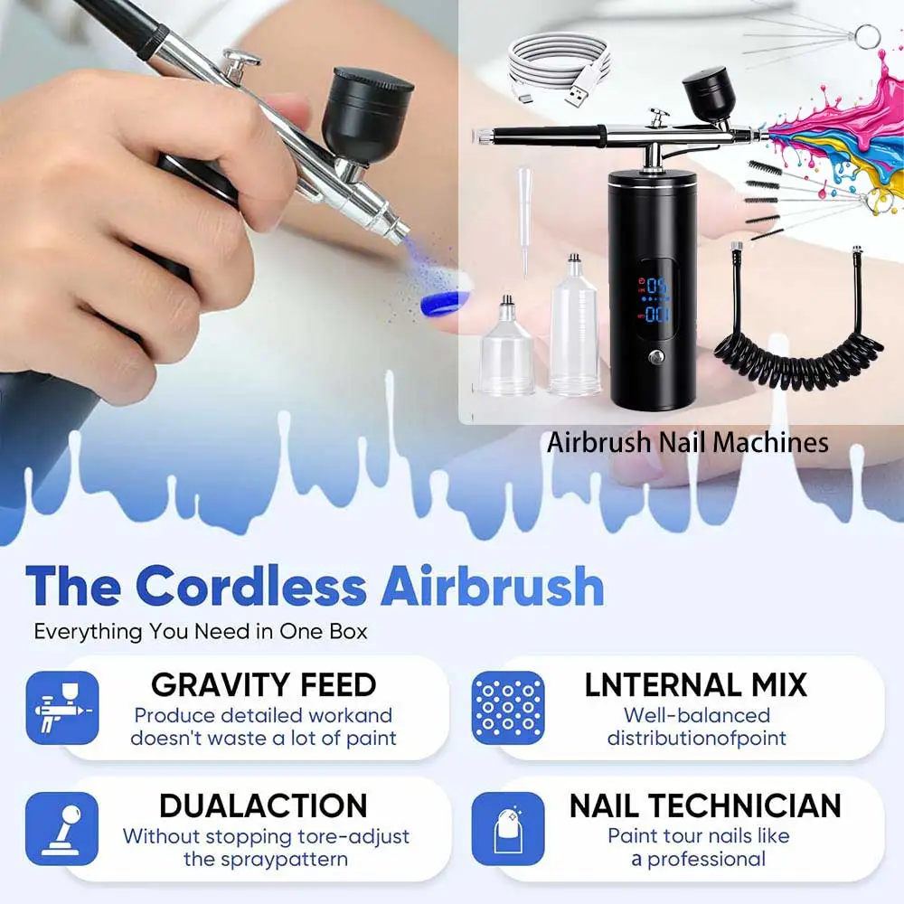 Macchina per aerografia senza fili, con compressore, 30 PSI, 3 modalità di pressione, ugello da 0,35 mm, set di aerografi che non si intasano, ideale per la decorazione di unghie, torte e modellismo.