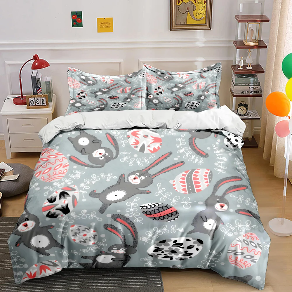 

Gray background bunny egg pattern Print Bedding Set 1 Duvet Cover 2 Pillowcases for Adult and Children Luxury Gift Full Size