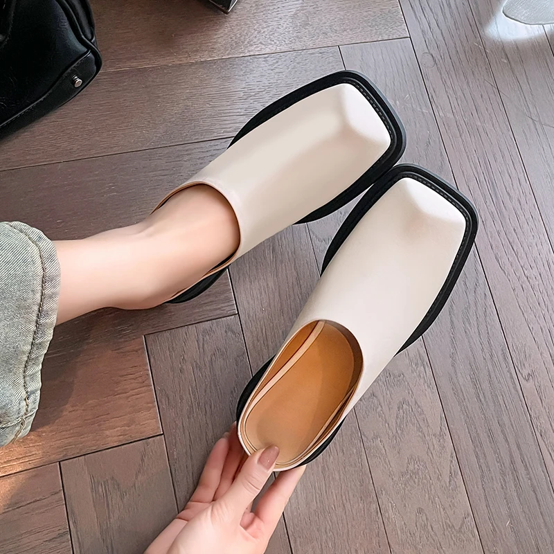 2024 Spring Summer Women Pumps Thick Heels Square Toe Slippers Genuine Leather Concise Casual Shoes Woman Mules New Arrival