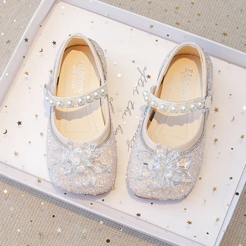 

Crystal Ice Flower Ballet Flats For Girls 2024 Spring New Rhinestone Pearl Strape Mary Jane Shoes Kids Luxury Princess Zapatos