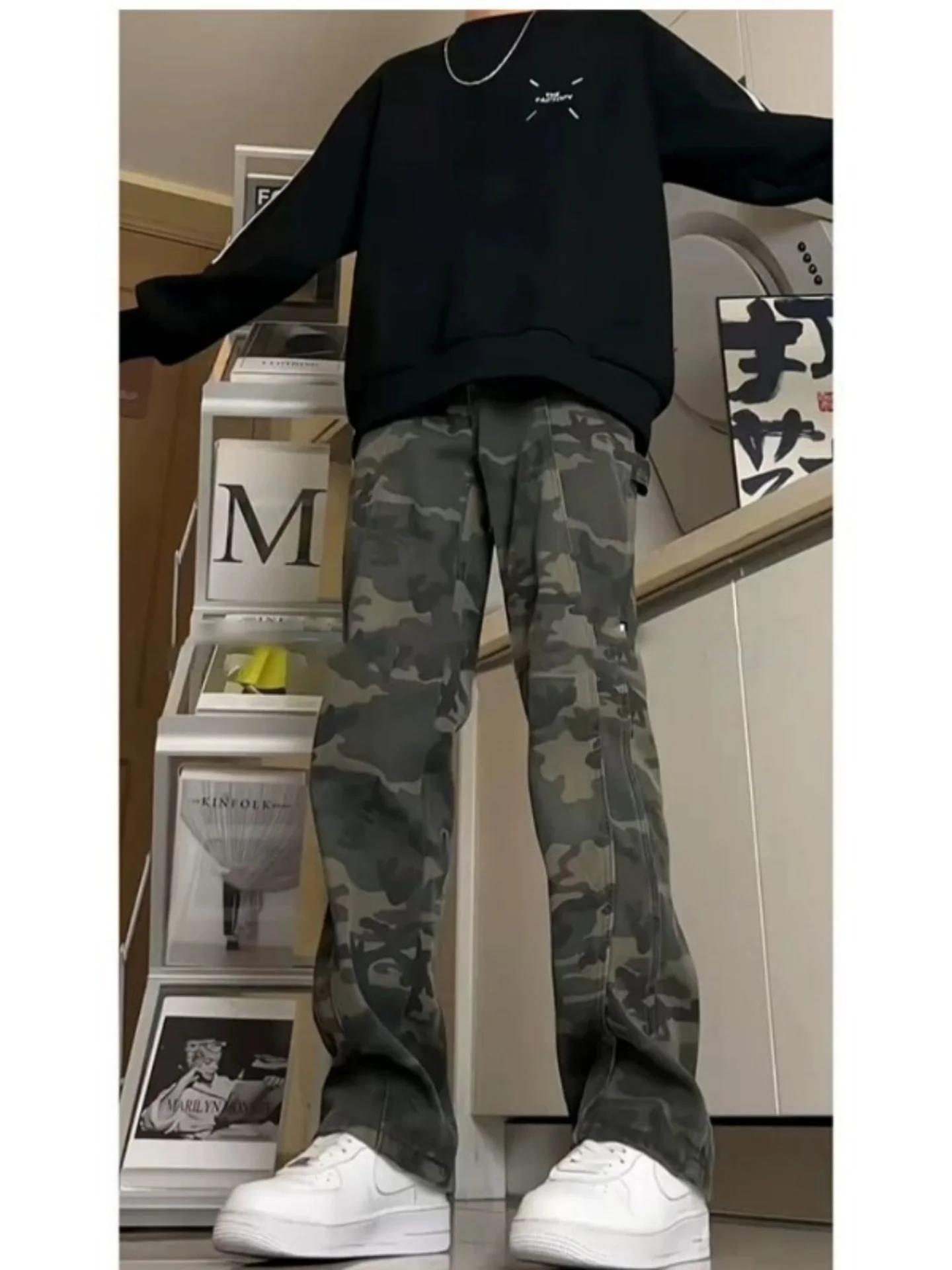 American Vibe Camouflage Jeans Men's Autumn Winter High Street Retro Fleece Lined Logging Straight Leg Casual Workwear Jeans