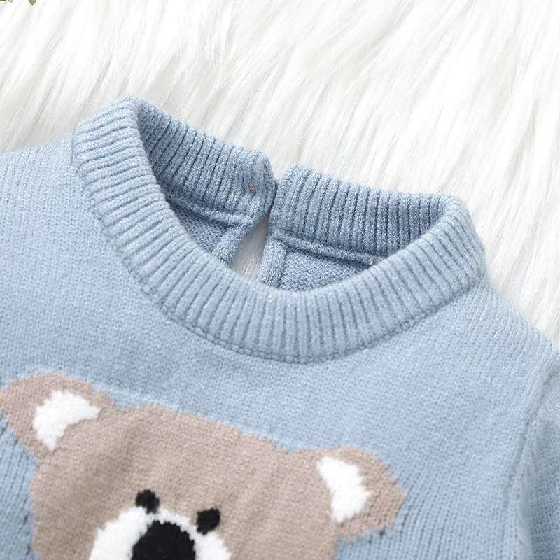 Baby Rompers Long Sleeve Autumn Winter Blue Crew Neck Knitted Newborn Infant Kids Boys Jumpsuits Playsuits Hats Clothes Set 2pcs