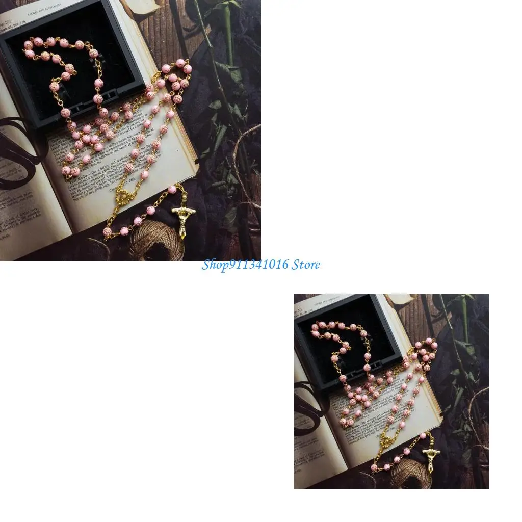 

6mm Rose Beads Rosary Necklace with Jesus Crucifix for Cross Pendant Necklace Pr