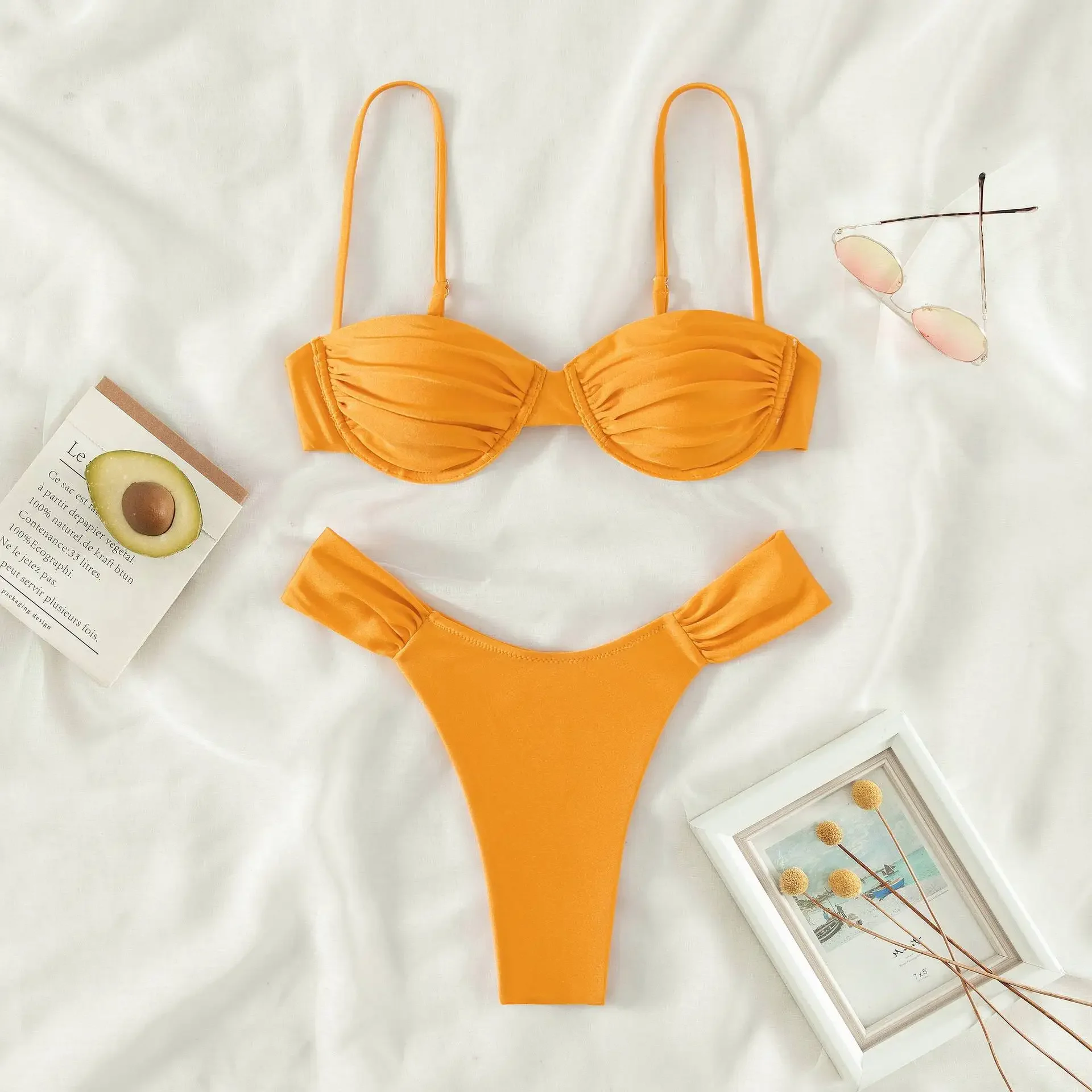 Women Bikini Set Sexy High Cut Sets Push-up Pleated Bra+Low Waist Briefs Two-Piece Swimsuits Solid Color Swimwear Beachwear