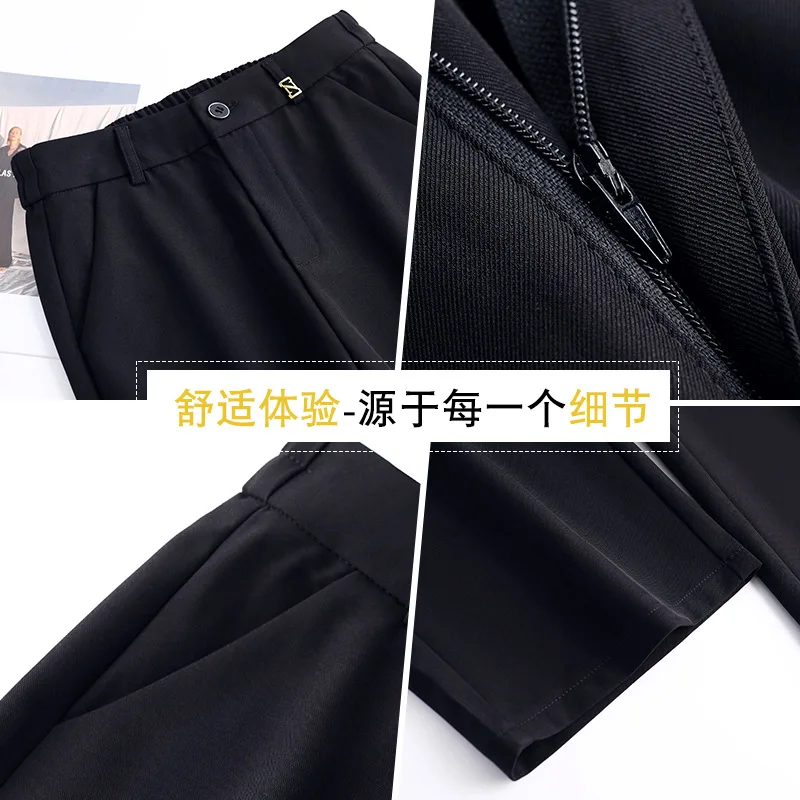 سروال بدلة سوداء للنساء، سروال خريفي عالي الخصر للتخسيس فضفاض متعدد الاستخدامات ثنيات تسع نقاط صغير مستقيم الساق