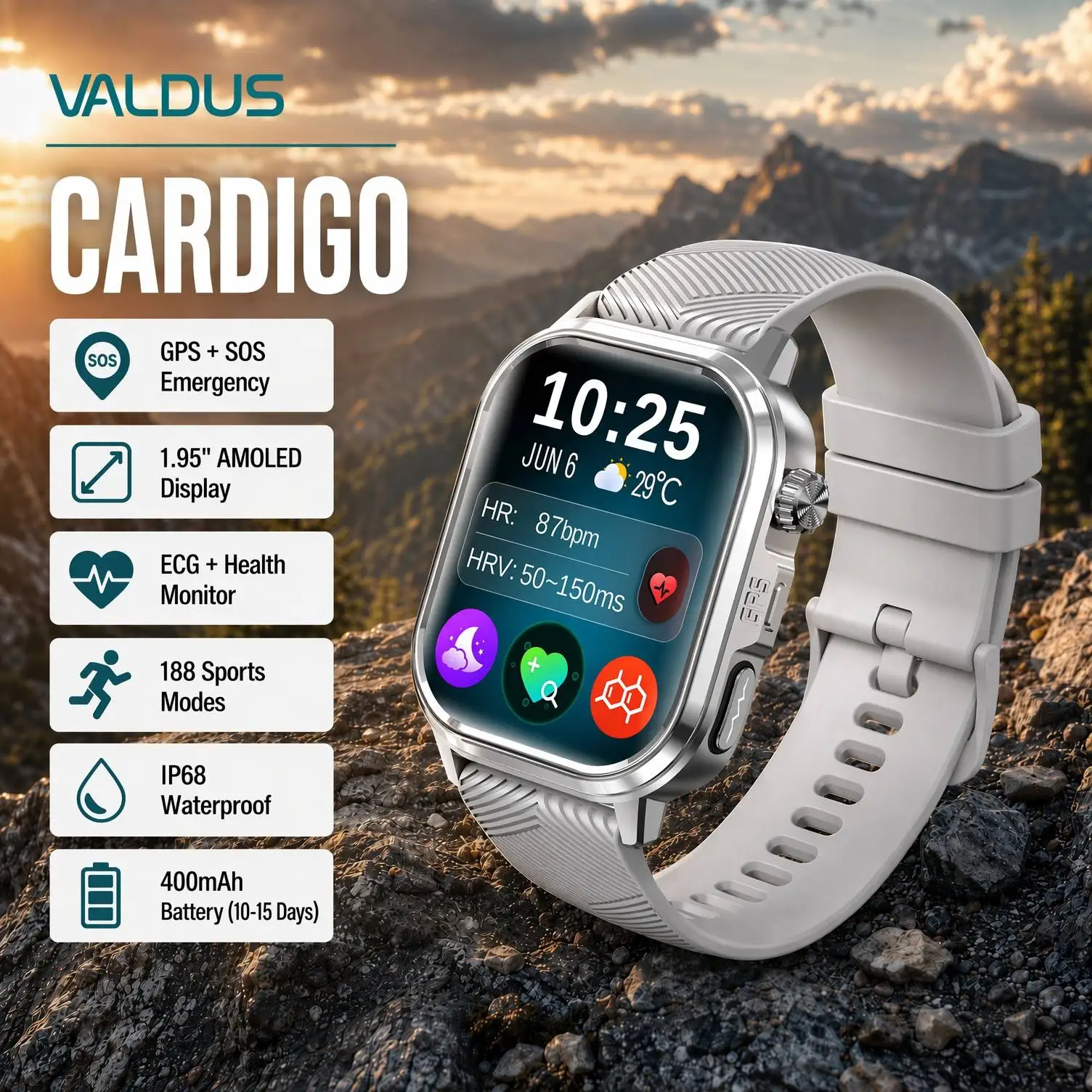 Relógio Inteligente VALDUS CARDIGO para Homens e Mulheres com Monitoramento de Frequência Cardíaca e ECG, ODM/OEM, Grande Tela AMOLED, Resistente à Água IP68