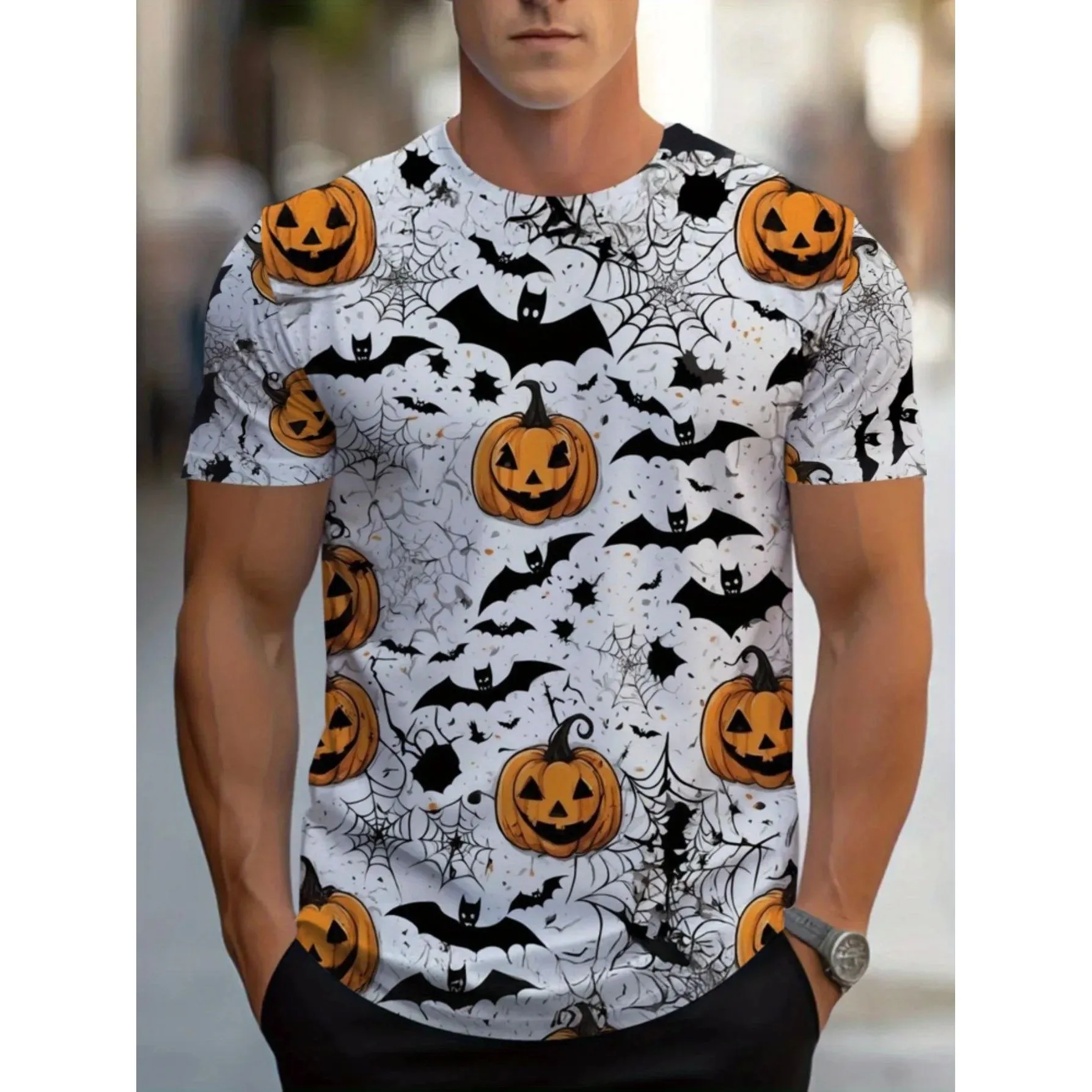 

Мужская футболка на Хэллоуин с 3D принтом Тыква и летучая мышь Cleanfit Sle A-Line Sve Льняной материал Другой материал 00%