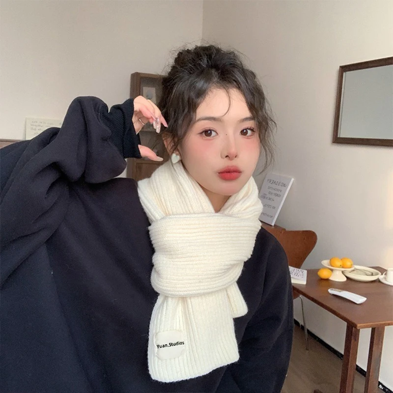 2025 outono e inverno novo lenço de lã de malha macia feminino versátil quente cor sólida grosso casal pescoço cachecol