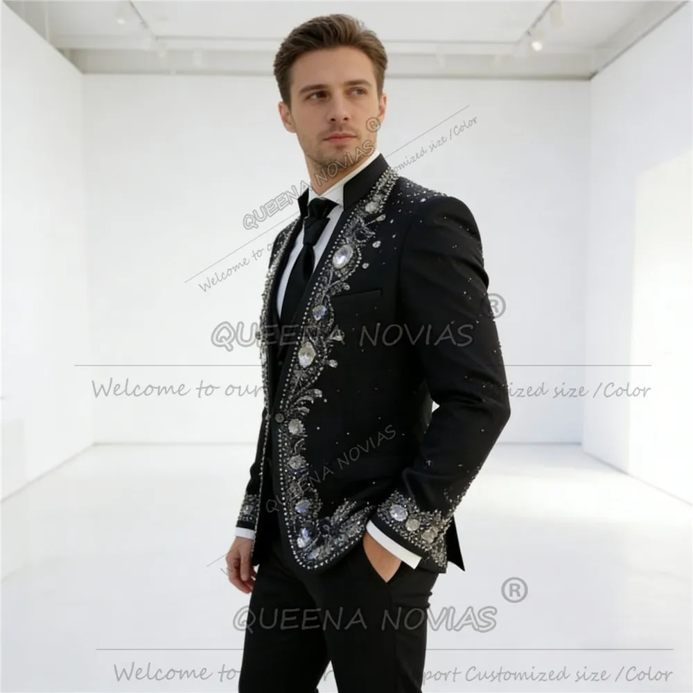 Exclusive Jewelry Beads Mens Suit Slim Fit Groom Tuxedos Customized  3 Piece Set Costume Homme Male Fashion Outfits Dinner Party