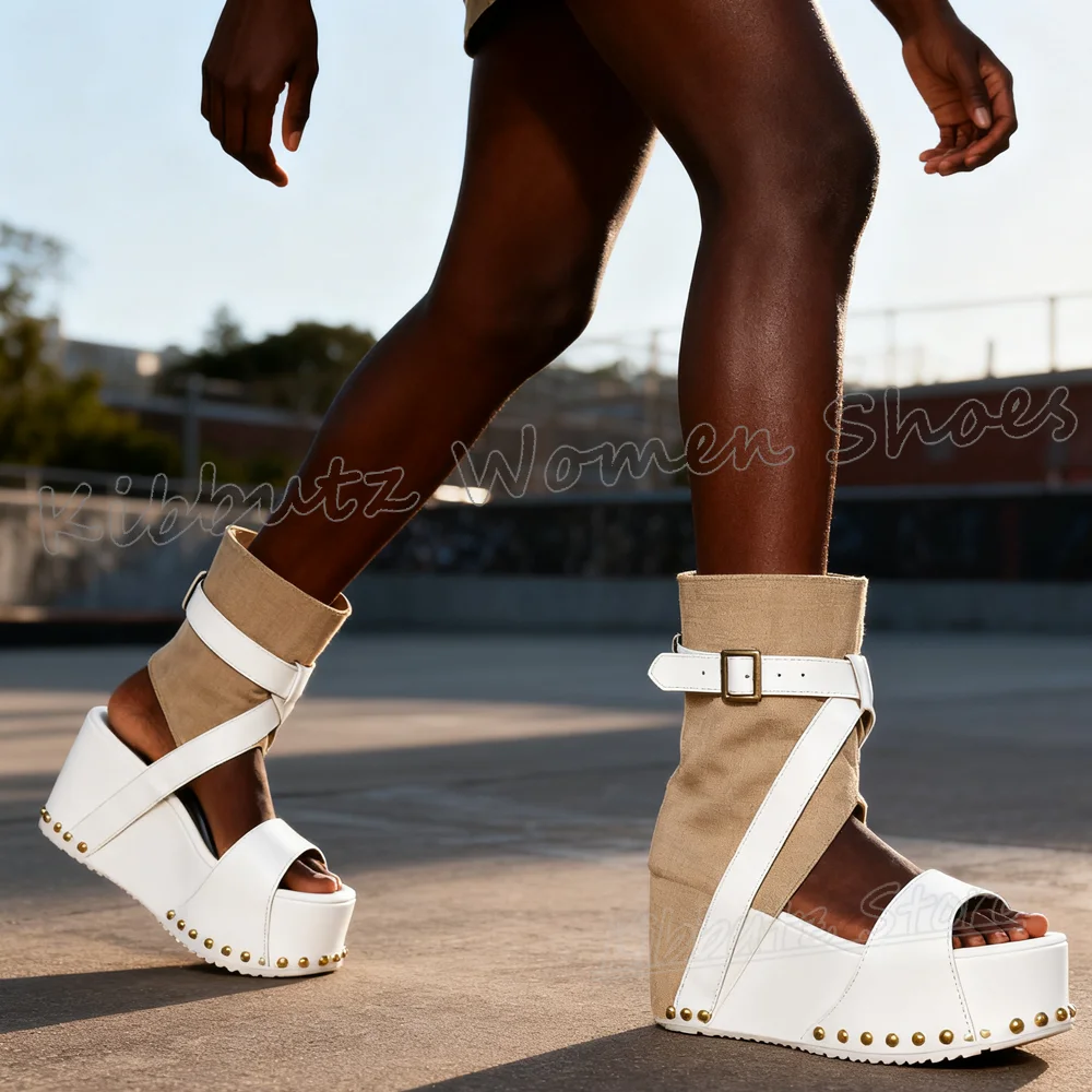 

Сандалии с заклепками на платформе и пряжкой в стиле пэчворк, модная летняя женская обувь, новинка, пикантная, элегантная, удобная, с круглым носком, новинка