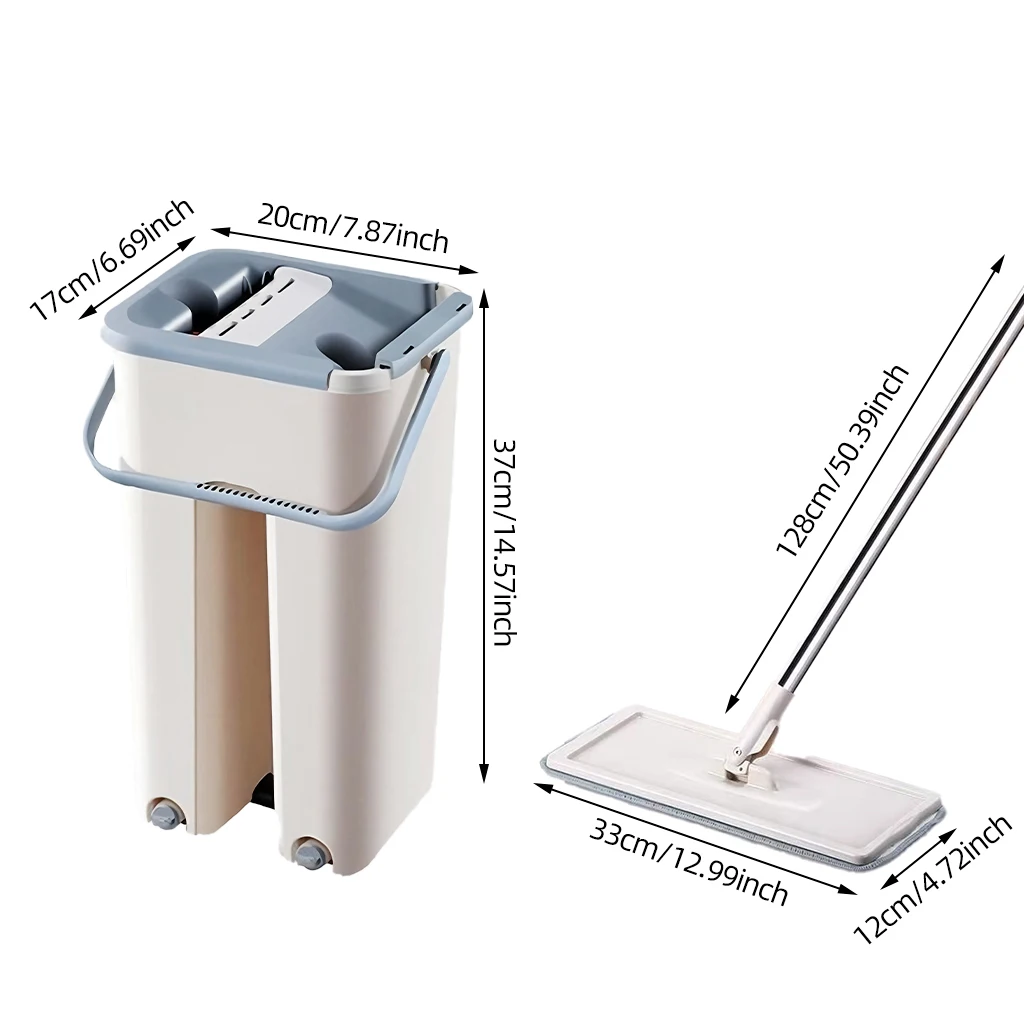 Platte knijpmop met emmer, eenvoudig te knijpen ontwerp, multifunctioneel voor natte en droge vloerreiniging, microvezelpad voor hardhout- en laminaatvloeren.