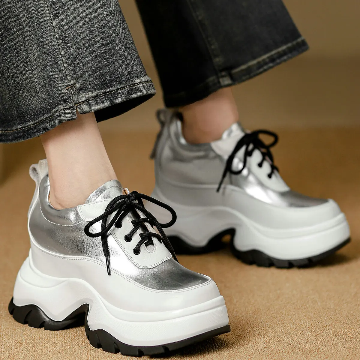 

Platform Pumps Shoes Women Lace Up Genuine Leather Super High Heels Ankle Boots Female Round Toe Fashion Sneakers Casual Shoes