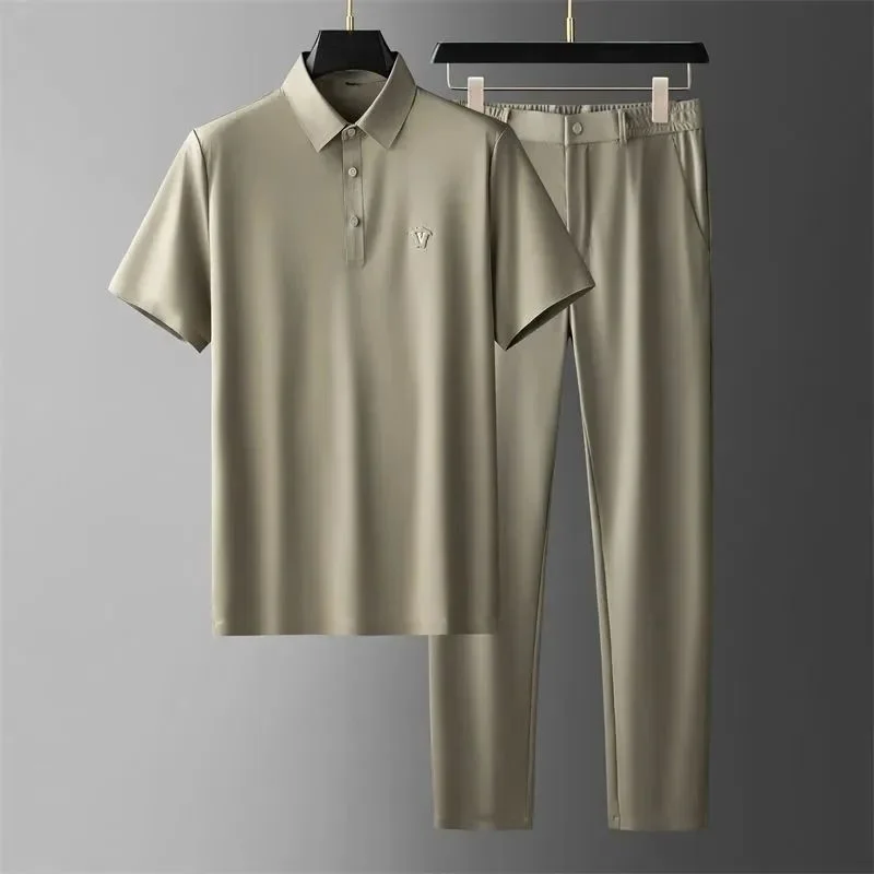 Men Short Sleeve Pants Suit Summer Luxury Business Silk Ultra-thin Comfortable Lapel Fast Drying Fashion Casual Men's Two-piece